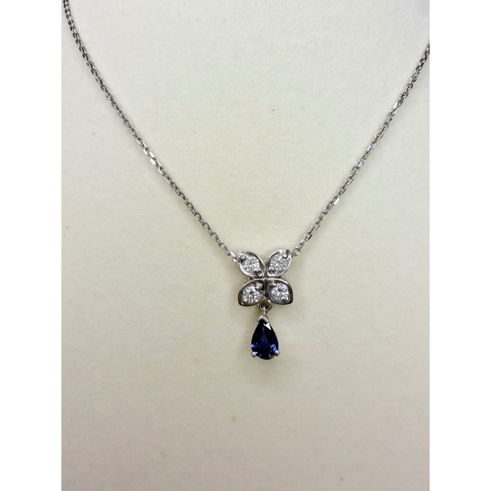 18K White Gold Diamond Blue Gemstone Pendant Necklace 17"